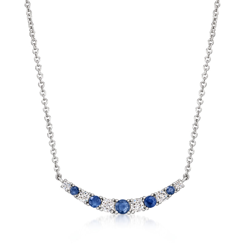 Curved sterling silver necklace with blue sapphire stones and lab-grown diamond accents