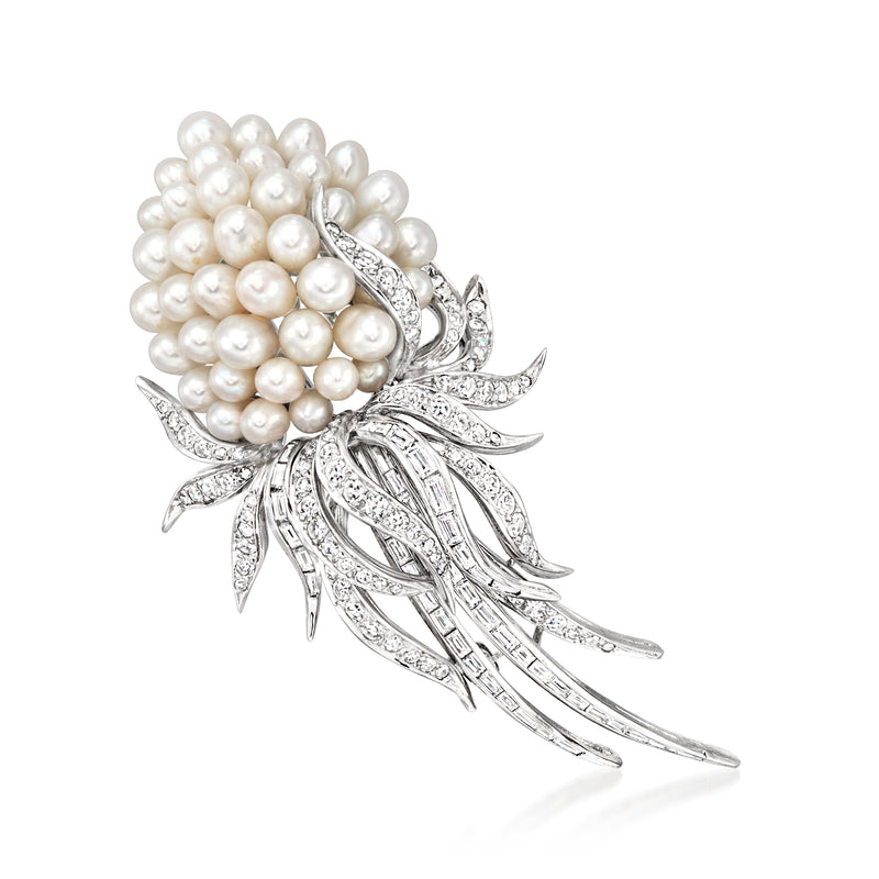 Pearl and diamond flower pin in 14kt white gold with cascading leaf details
