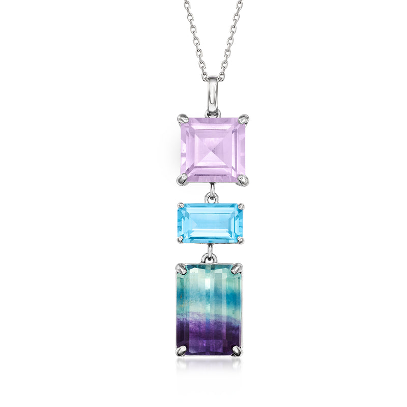 Sterling silver multicolor gemstone pendant with three prong-set square/rectangular stones