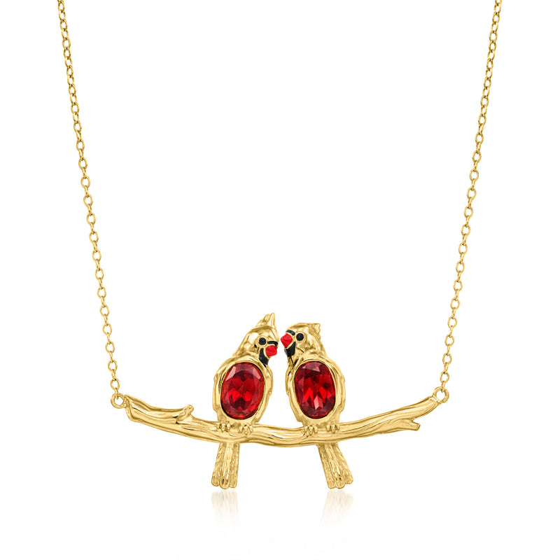 Gold branch bird necklace with two red cardinal charms and red gemstone eyes