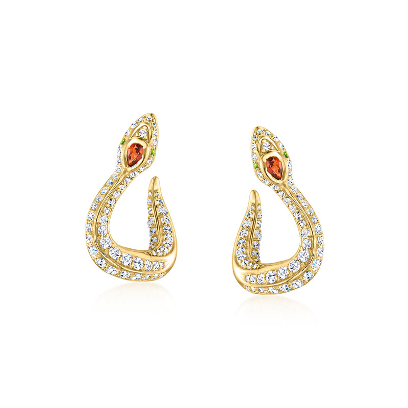 Snake drop earrings with white topaz, garnet and chrome diopside in gold over sterling