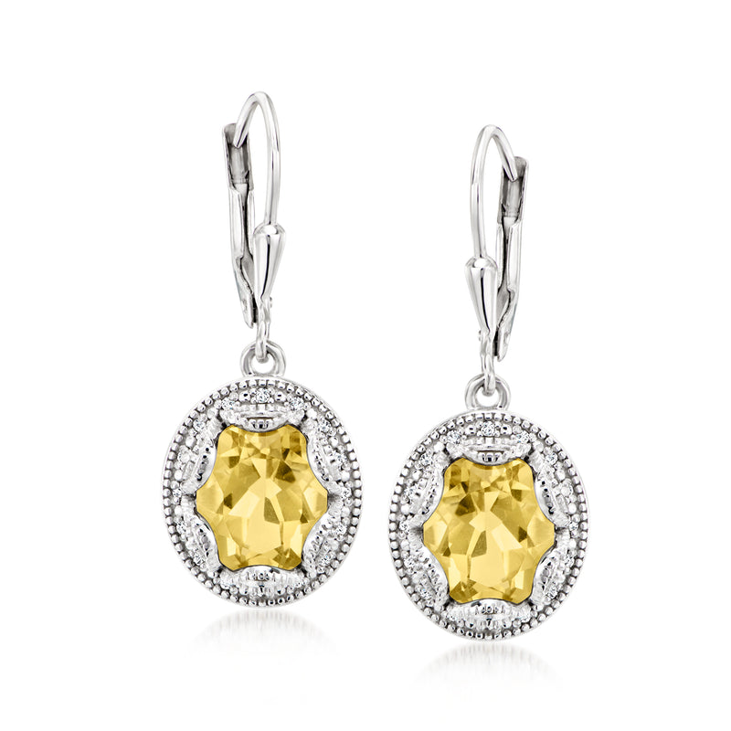 Sterling silver scalloped drop earrings with yellow lemon quartz and diamond halo