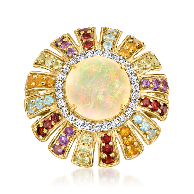 Gold over sterling opal centerpiece ring with multi-gem side stones and diamond halo