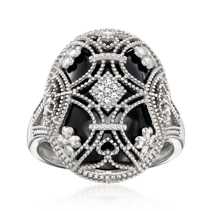 Sterling silver ring with black onyx overlay and sparkling clear stones, domed design