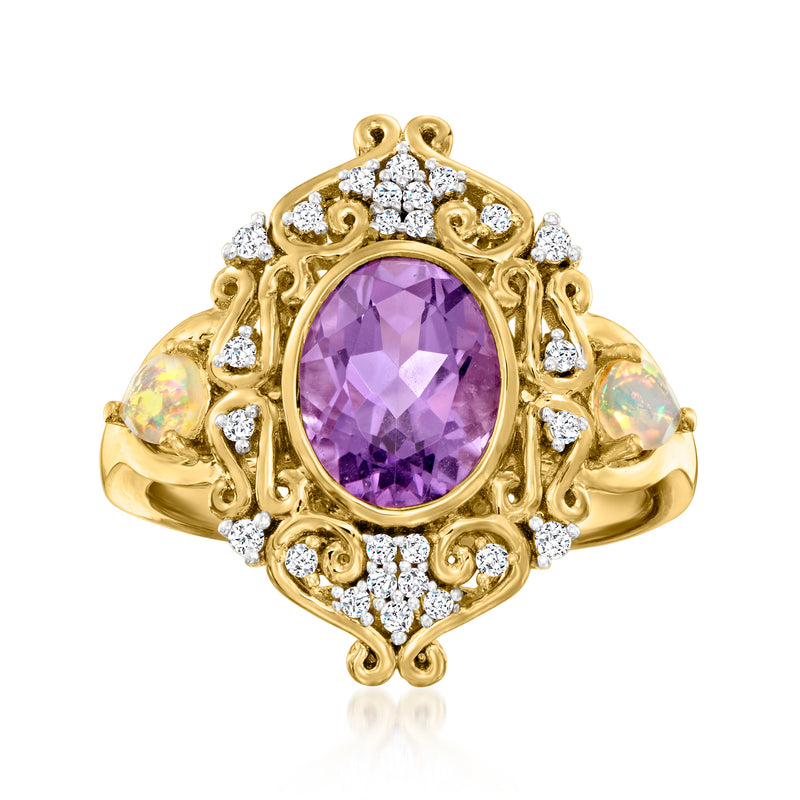 Gold-tone oval amethyst ring with halo of white stones and opal accents
