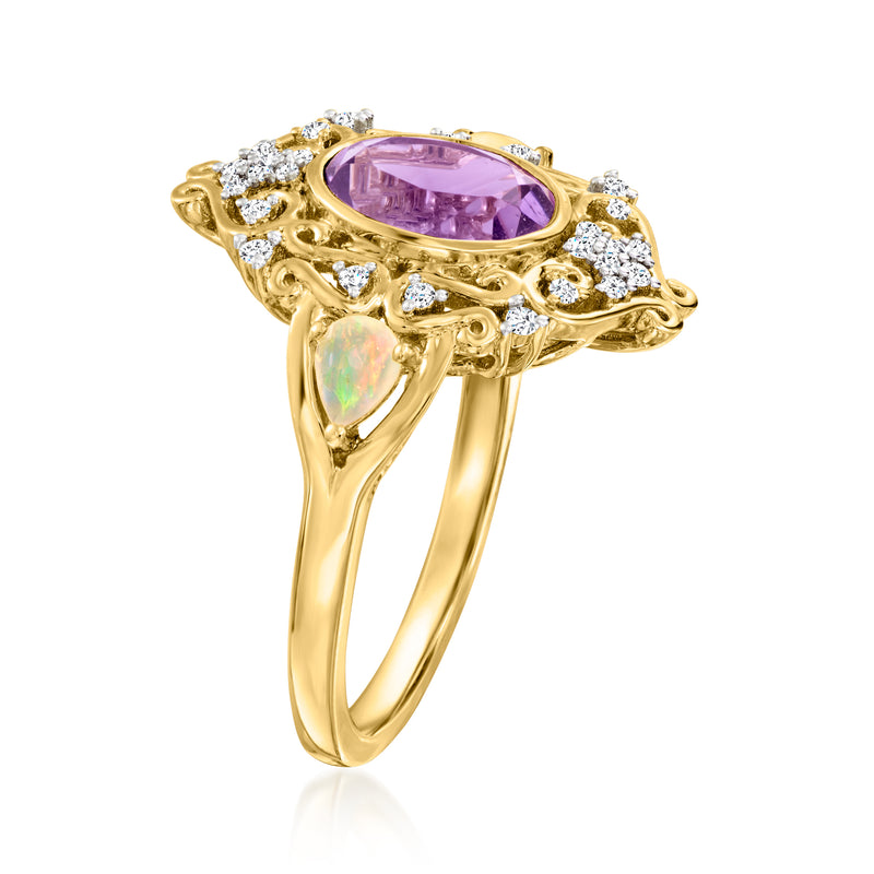 Gold-tone oval amethyst ring with side filigree and white stone halo