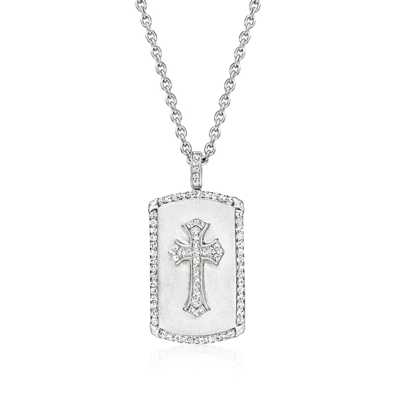 Sterling silver dog tag pendant necklace with cross and diamond accents
