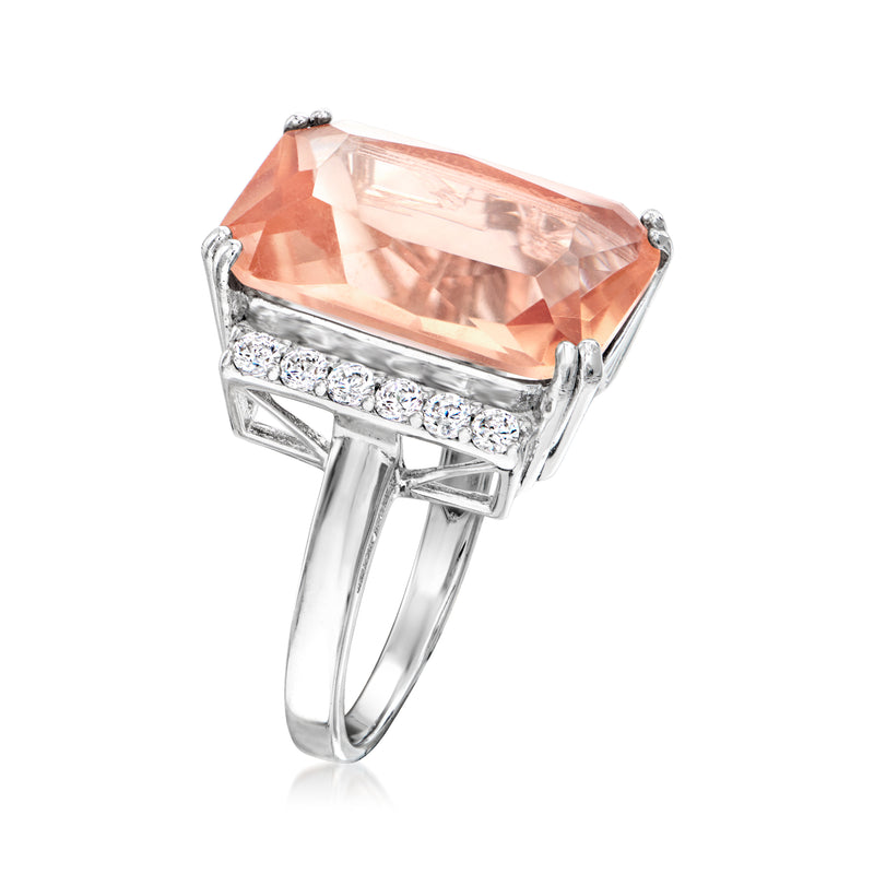 Sterling silver ring with large pink morganite-style stone and CZ accents