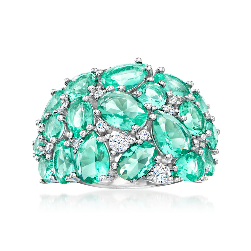 Sterling silver ring with oval green simulated emeralds and CZ accents