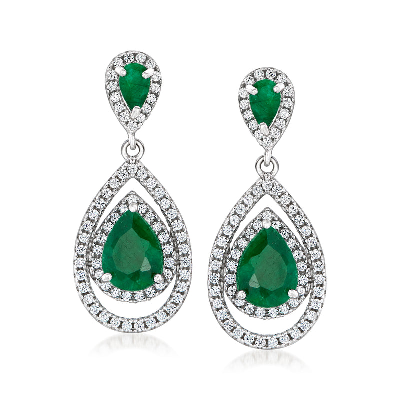 Teardrop drop earrings with emerald and white topaz in sterling silver