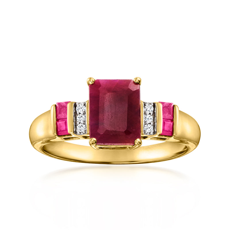 14kt yellow gold ruby ring with square-cut center, diamond side accents, polished band