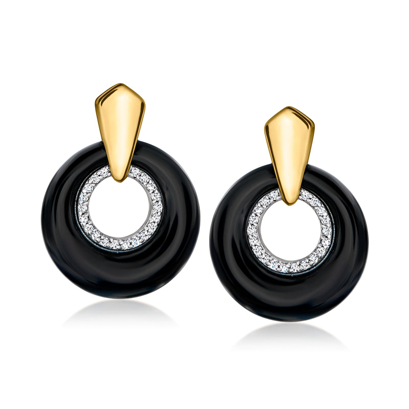 Gold-and-black onyx diamond stud earrings with round halo and post backs