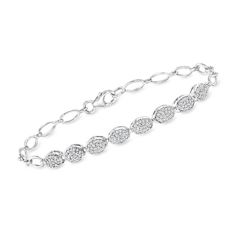 Sterling silver oval-link bracelet with diamond pave round links