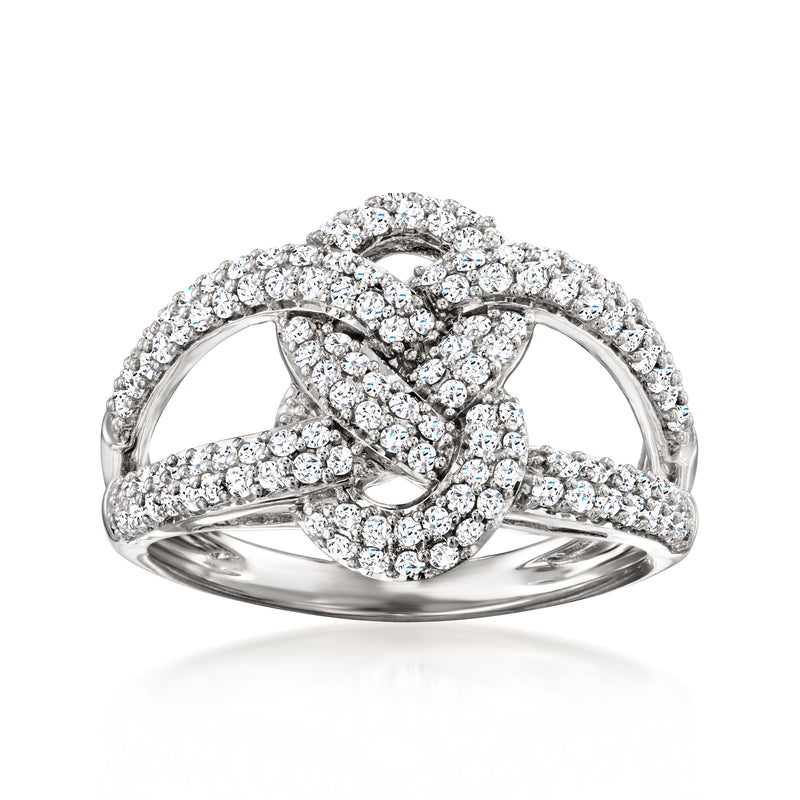 Sterling silver diamond knot woven ring with round-cut stones, high-shine setting