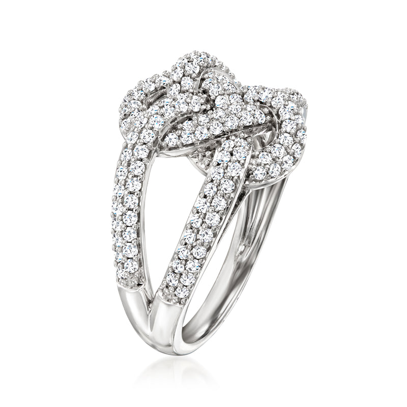 Sterling silver diamond knot ring with round-cut pave stones, openwork band