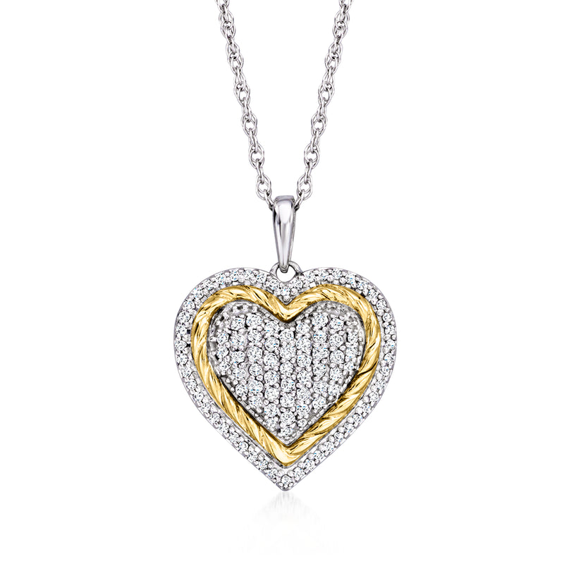 Heart pendant necklace in silver with pave diamonds and yellow gold rope heart frame