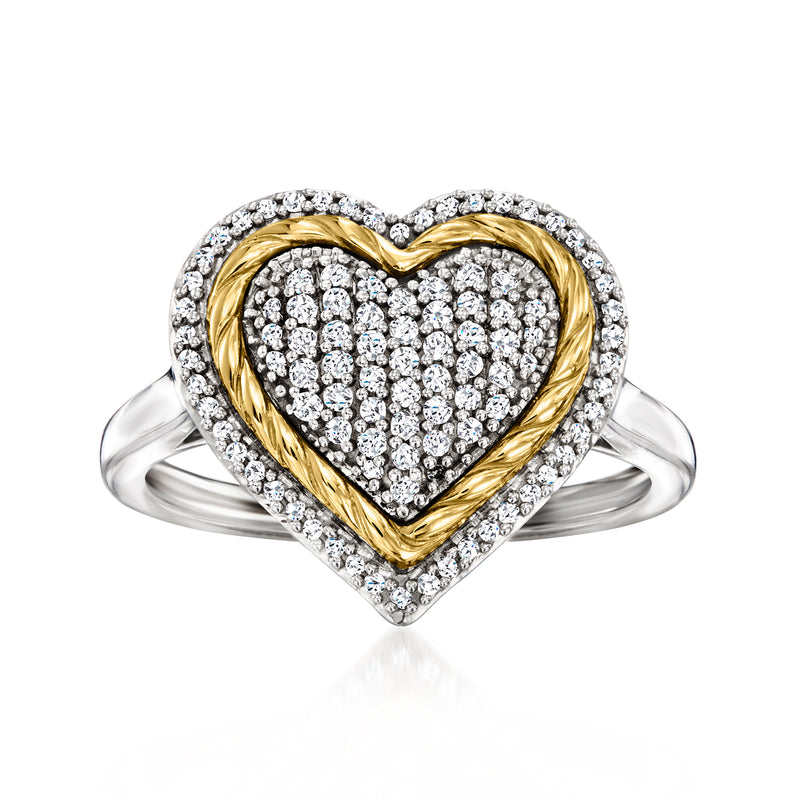 Heart-shaped diamond pave ring in sterling silver with yellow gold rope accents