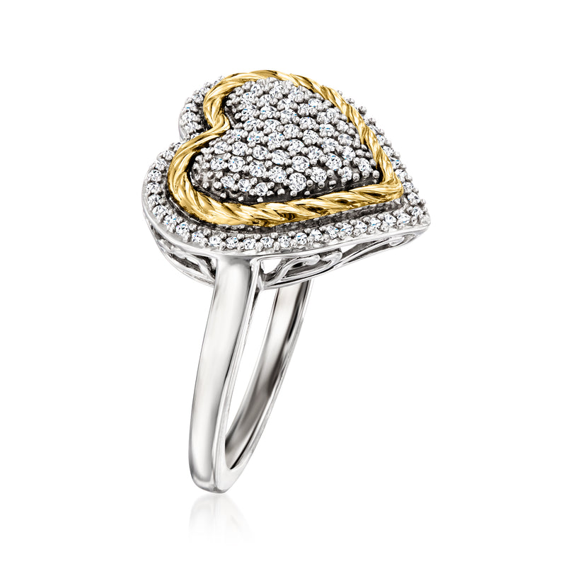 Heart diamond pave ring with yellow gold border and sterling silver band