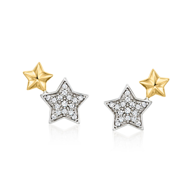 Star diamond stud earrings with yellow gold and sterling silver posts