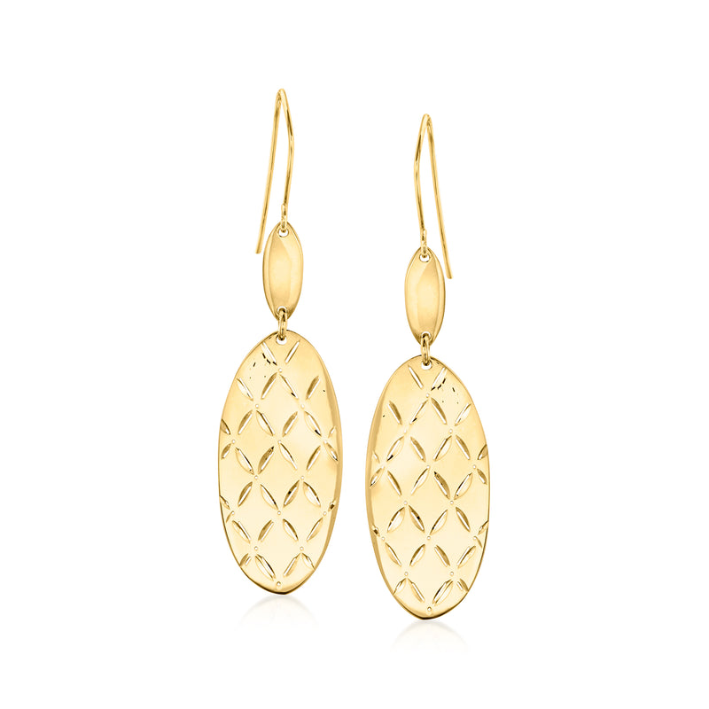 Italian 18kt yellow gold oval drop earrings with diamond-cut pattern on earwires