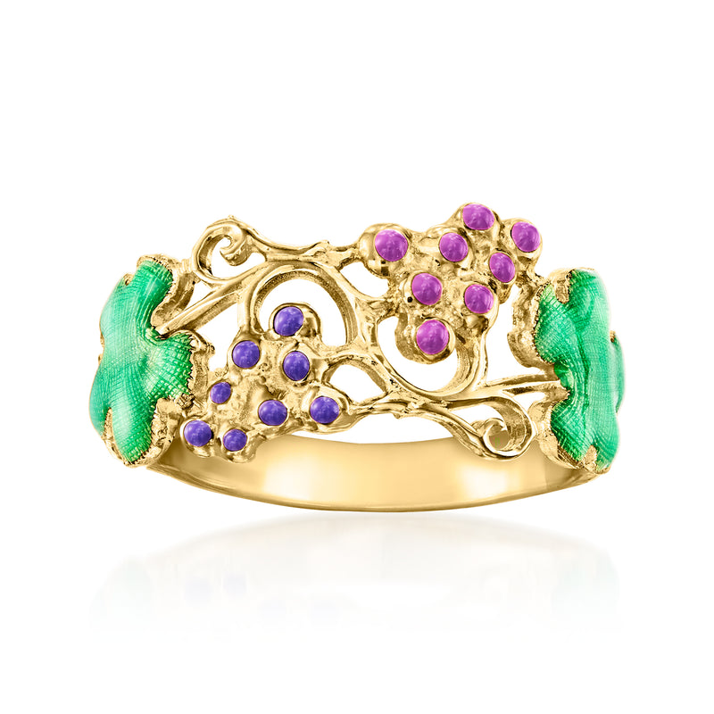 14kt yellow gold grapevine ring with purple stones and green enamel leaves