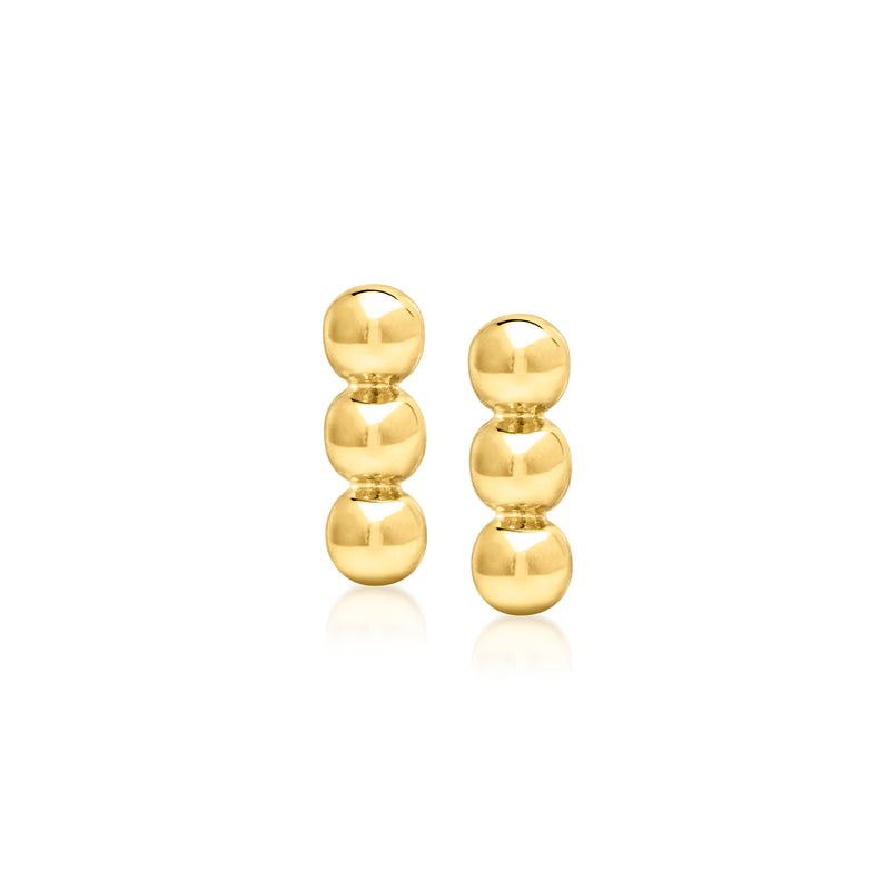 Gold vermeil beaded bar stud earrings with three stacked round balls, polished finish