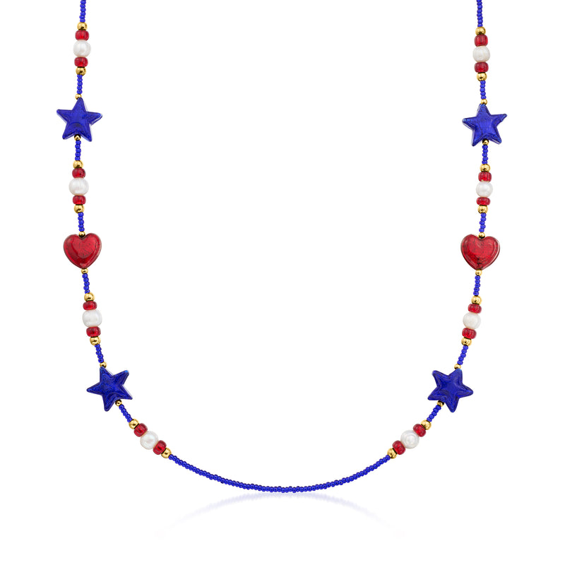 Patriotic bead necklace with blue cord, red heart charm, blue stars, cultured pearl beads