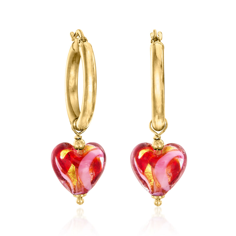 Gold hoop drop earrings with red and pink Murano glass heart charms