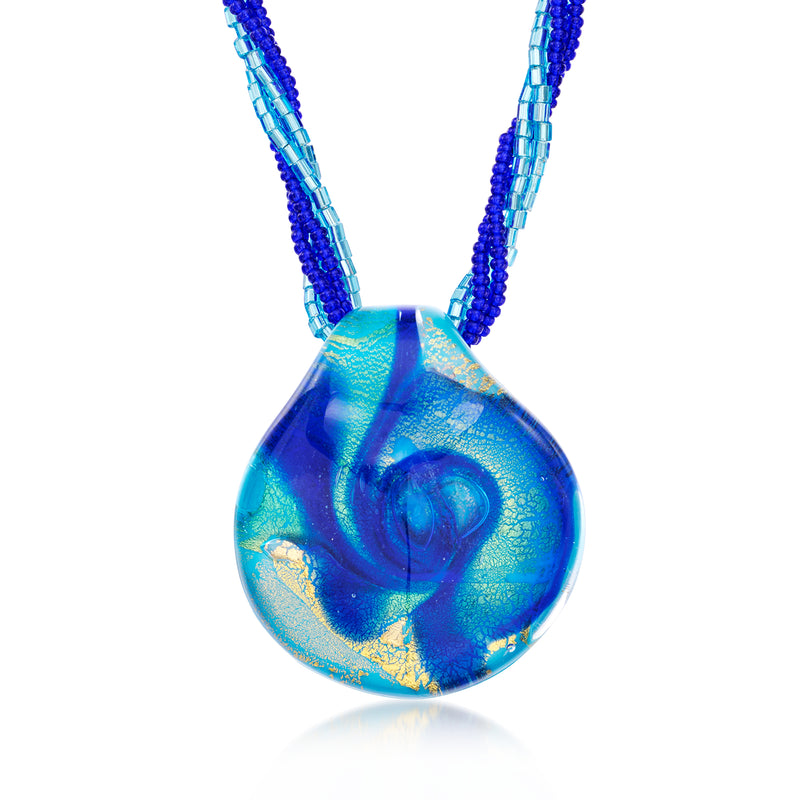 Blue multi-strand glass bead pendant necklace with marbled teardrop Murano-style charm