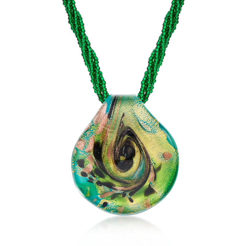 Green beaded multi-strand pendant necklace with round Murano glass art centerpiece