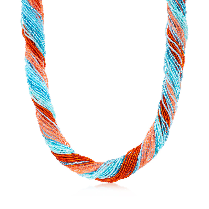 Multicolored Murano glass bead torsade necklace in orange and light blue