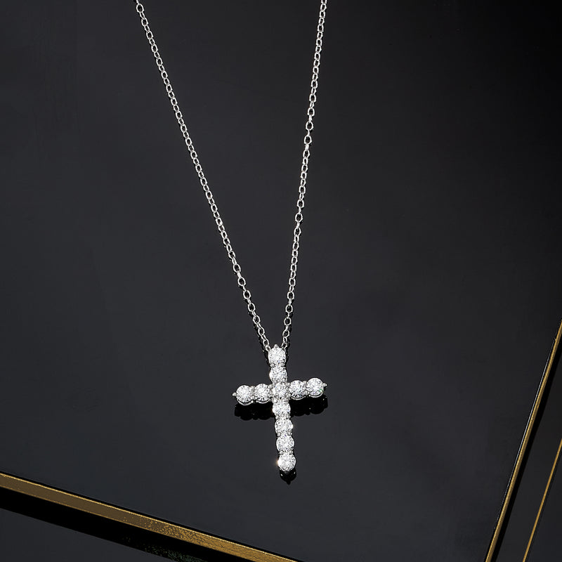 Sterling silver diamond cross pendant necklace with sparkling cross on long chain