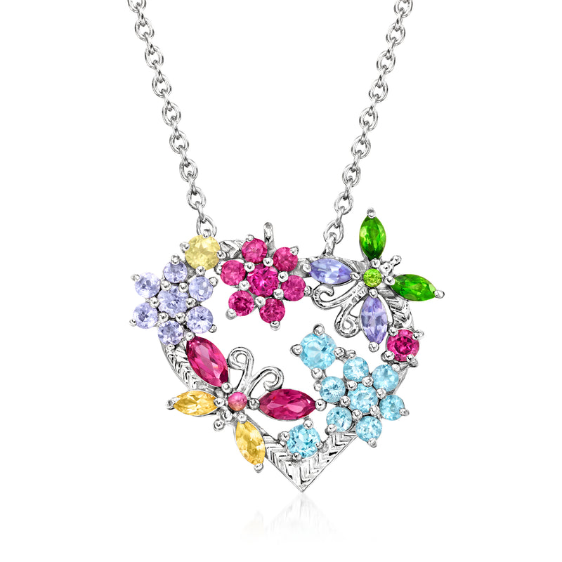 Sterling silver heart necklace pendant with multi-gemstone flowers, butterfly details, and colored stones