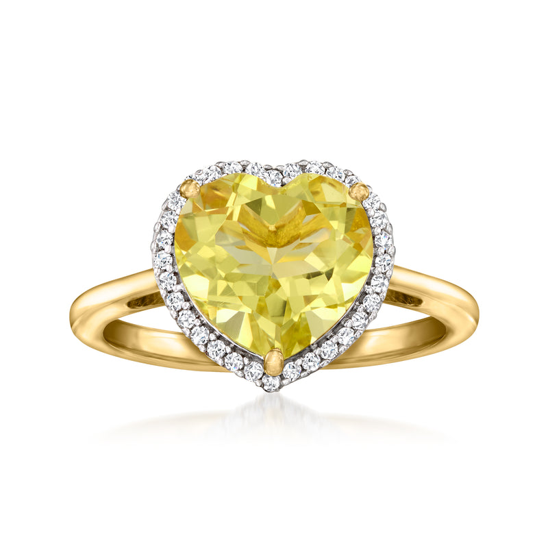 18kt gold heart ring with yellow lemon quartz center, white zircon halo