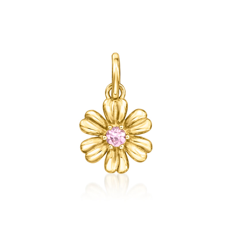 14kt yellow gold flower charm with pink center stone and loop bail