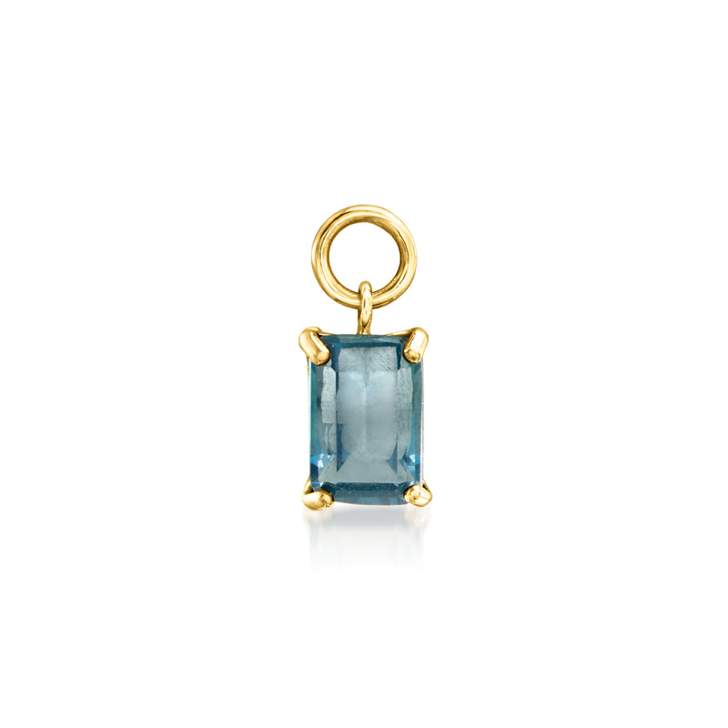 14kt yellow gold hoop charm with rectangular blue topaz gemstone