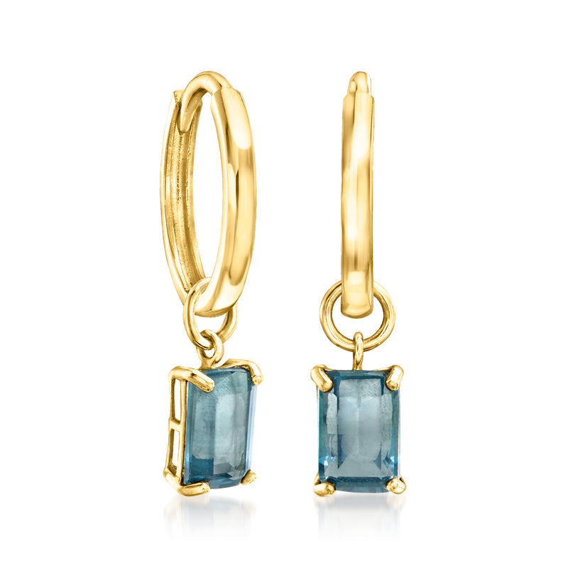 14kt yellow gold hoop charm earrings with blue topaz rectangular gemstones