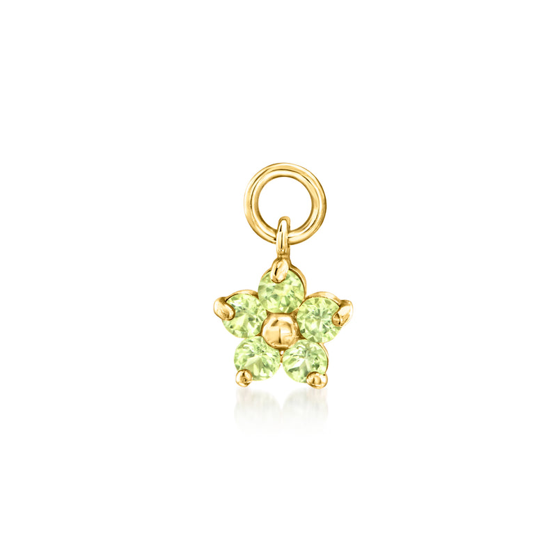 14kt yellow gold hoop charm with green peridot flower and ring loop