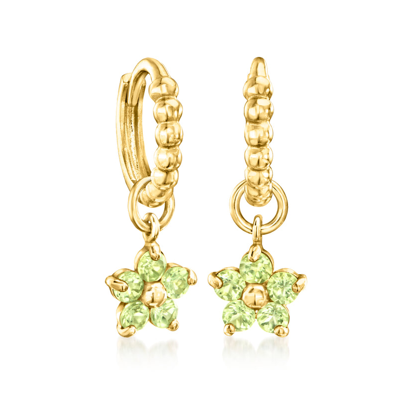 14kt yellow gold hoop peridot flower charms, side view with hanging loops