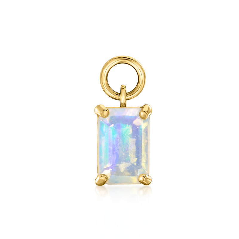 14kt yellow gold hoop charm with iridescent rectangular opal stone drop