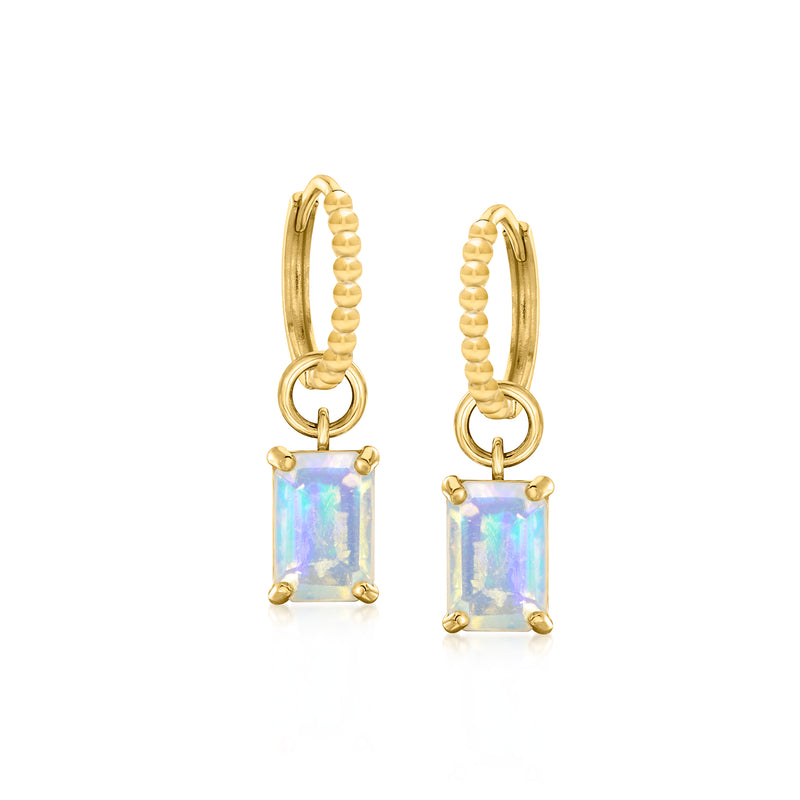 14kt yellow gold hoop charm pair with rectangular iridescent opal stones