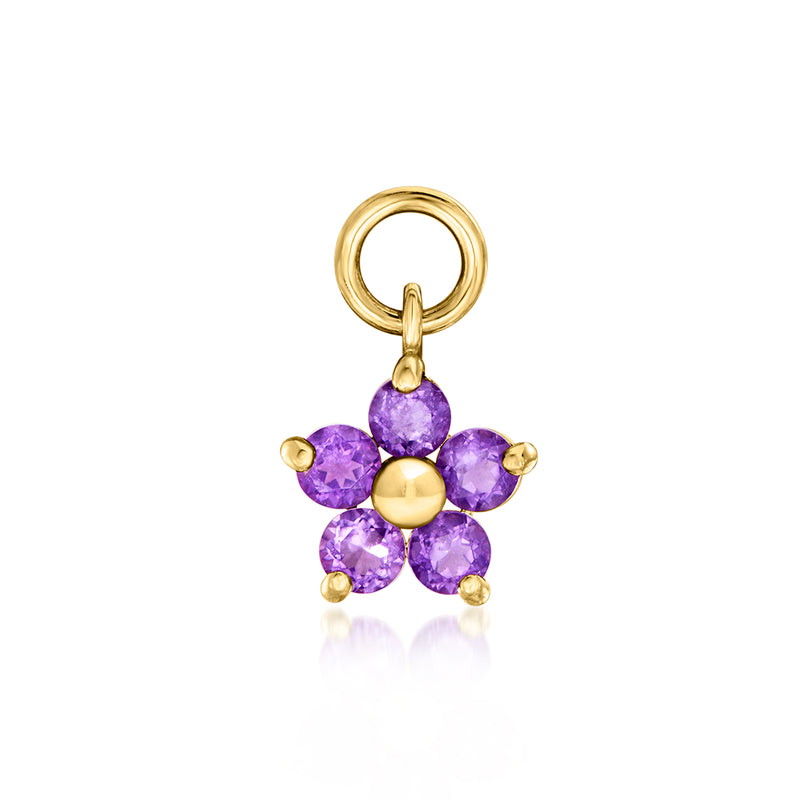 Yellow gold flower hoop charm with purple amethyst petals and round gold center