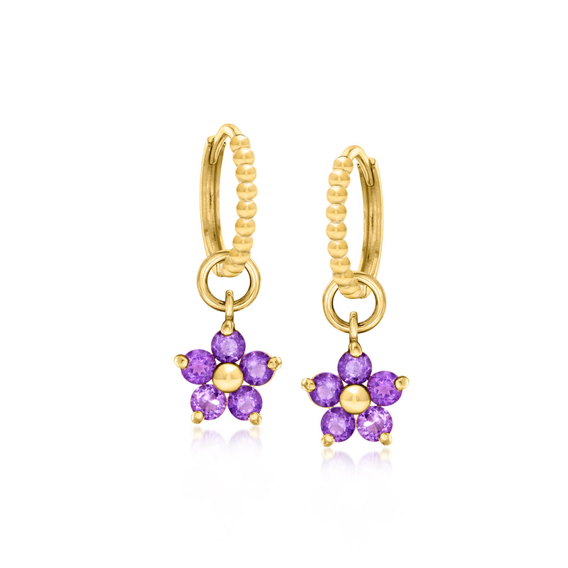 Front view of yellow gold amethyst flower hoop earrings with purple petals and gold centers