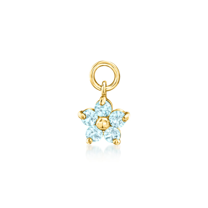 14kt yellow gold flower hoop charm with blue Topaz stone cluster