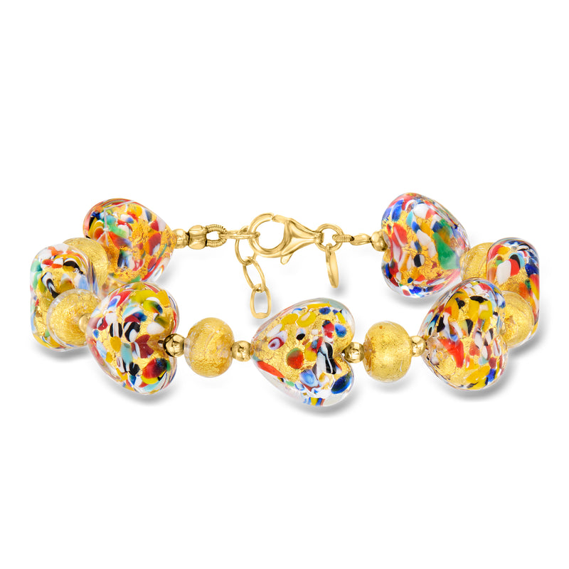 Multicolor heart-shaped Murano glass bead bracelet with gold-tone clasp