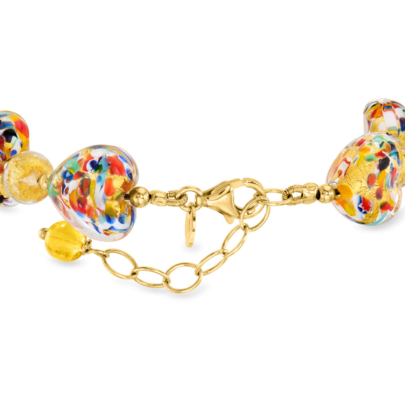 Multicolor Murano glass bead bracelet with heart beads and gold-tone links