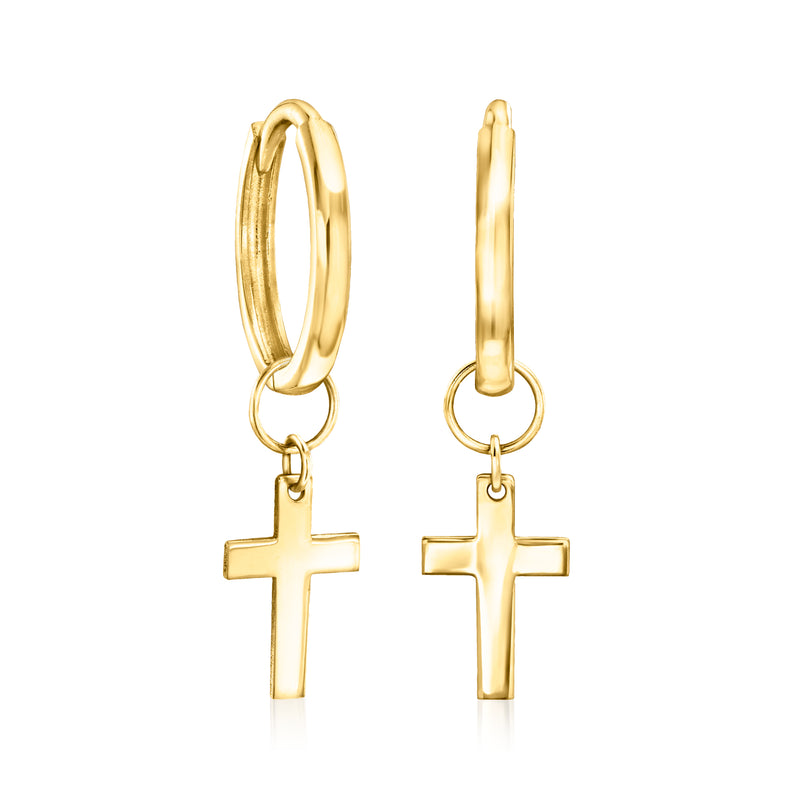 14kt yellow gold cross hoop charms, front view with ring hoops and cross pendants