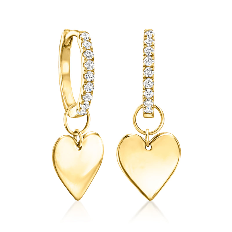 14kt yellow gold heart hoop charm pair with pavé stones and dangling heart pendants
