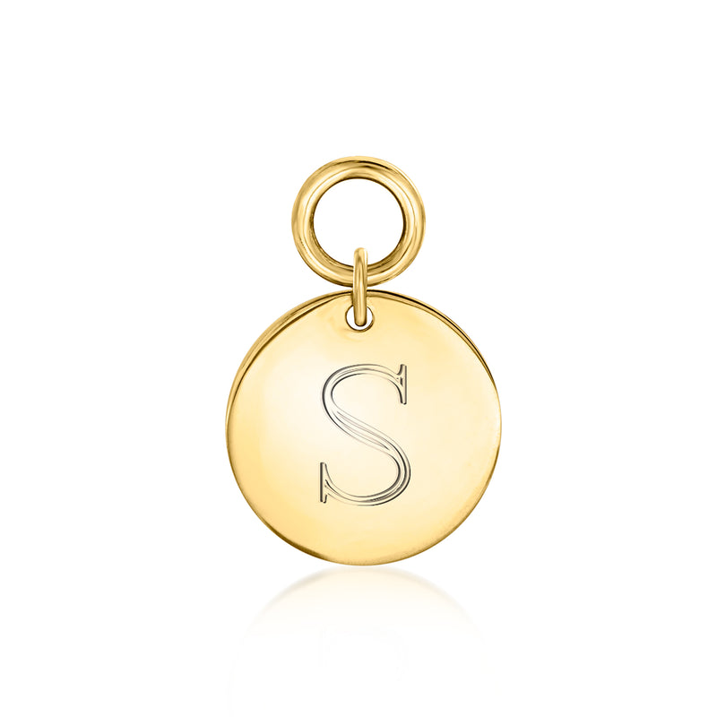 14kt yellow gold disc hoop charm with engraved S initial, hanging ring