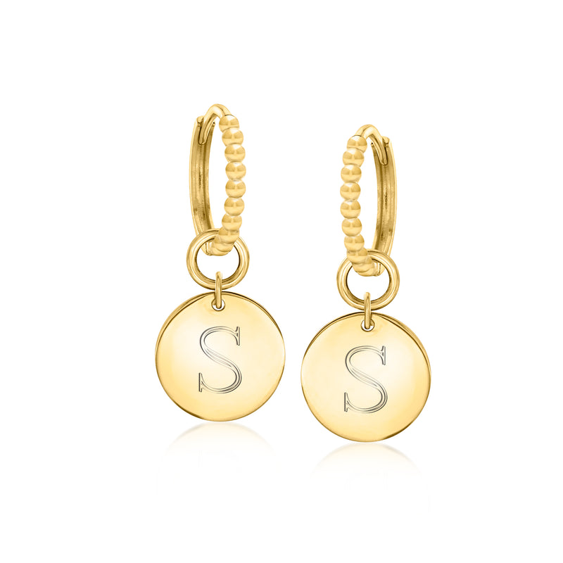 14kt yellow gold disc hoop charms pair with engraved S initials, front view